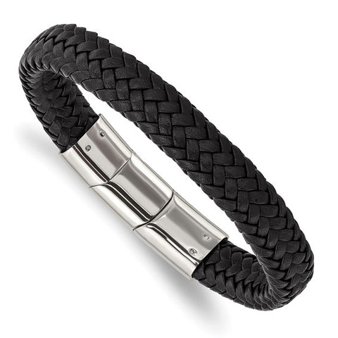 Chisel Stainless Steel Polished Black Braided Leather 8 inch Bracelet with .5 inch Extension (SRB3022)