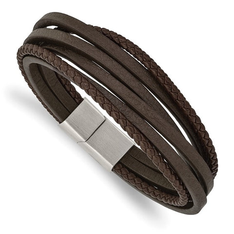 Chisel Stainless Steel Brushed Multi Strand Brown Leather 8 inch Bracelet (SRB3033)