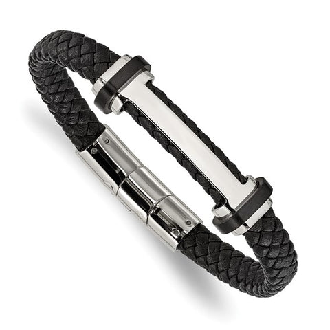 Chisel Stainless Steel Polished Braided Black Leather 8 inch Plus a .5 inch Extension Bracelet (SRB3392)