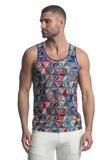 St33le Printed Stretch Mesh Tank Top - Royal Blue/Gold Abstract (11082)