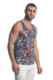 St33le Printed Stretch Mesh Tank Top - Royal Blue/Gold Abstract (11082)