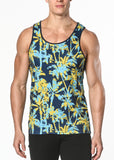 St33le Printed Stretch Jersey Knit Tank Top - Navy/Gold Palm Trees (463)