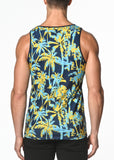 St33le Printed Stretch Jersey Knit Tank Top - Navy/Gold Palm Trees (463)