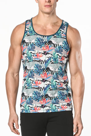St33le Printed Stretch Jersey Knit Tank Top - Teal/Black Tropics (465)