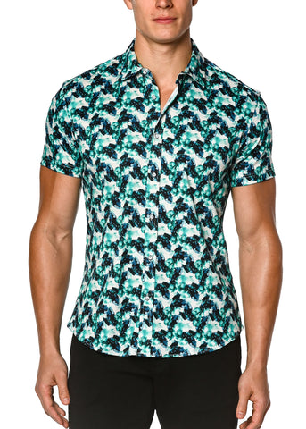 St33le Printed Cotton Knit Jersey Short Sleeve Shirt - Crystal/Teal Floral (9243)