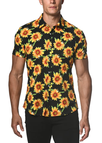 St33le Printed Cotton Knit Jersey Short Sleeve Shirt - Yellow/Black Sunflower (9268)