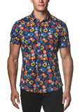 St33le Printed Cotton Knit Jersey Short Sleeve Shirt - Sapphire/Gold Floral (9271)