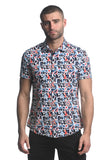 St33le Printed Stretch Jersey Knit Short Sleeve Shirt - Slate/Navy Abstract (9276)