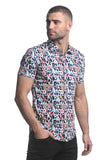 St33le Printed Stretch Jersey Knit Short Sleeve Shirt - Slate/Navy Abstract (9276)