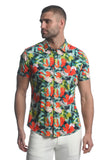 St33le Printed Stretch Jersey Knit Short Sleeve Shirt - Orange/Turquoise Paradise (9277)