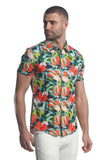St33le Printed Stretch Jersey Knit Short Sleeve Shirt - Orange/Turquoise Paradise (9277)