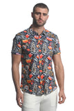 St33le Printed Stretch Jersey Knit Short Sleeve Shirt - Midnight/Red Floral (9278)