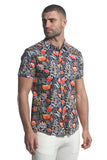 St33le Printed Stretch Jersey Knit Short Sleeve Shirt - Midnight/Red Floral (9278)