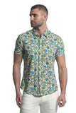 St33le Printed Stretch Jersey Knit Short Sleeve Shirt - Teal/Forest Vines (9280)