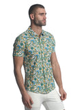 St33le Printed Stretch Jersey Knit Short Sleeve Shirt - Teal/Forest Vines (9280)