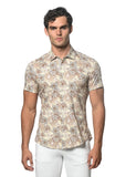 St33le Floral Printed Stretch Cotton Knit Jersey Short Sleeve Shirt - Aloe/Butter Scribbles (9287)