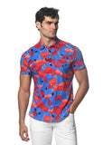 St33le Floral Printed Stretch Cotton Knit Jersey Short Sleeve Shirt - Royal/Red Floral (9296)