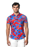 St33le Floral Printed Stretch Cotton Knit Jersey Short Sleeve Shirt - Royal/Red Floral (9296)