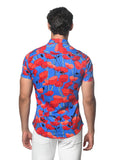 St33le Floral Printed Stretch Cotton Knit Jersey Short Sleeve Shirt - Royal/Red Floral (9296)