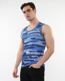 St33le Camo Printed Stretch Mesh Tank with Stripe Ribbing - Cobalt/Sky (11122)