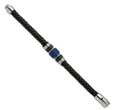 Chisel Stainless Steel Brushed and Polished Black and Blue IP-plated Black Braided Leather and Rubber Bracelet (SRB2064)