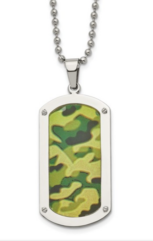 Chisel Stainless Steel Polished Camouflage Enameled Dog Tag on a Ball Chain Necklace (SRN1652)