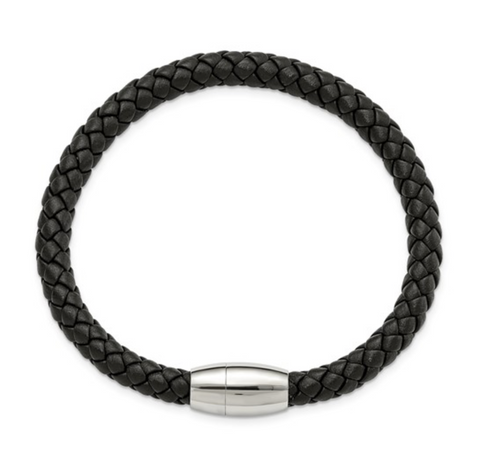 Chisel Stainless Steel Polished Black Braided Leather Bracelet (SRB777)