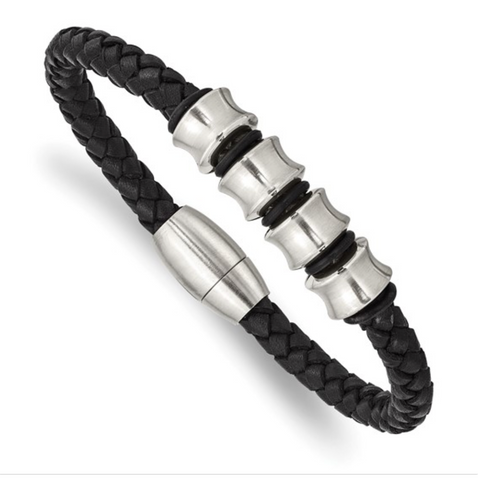 Chisel Stainless Steel Brushed Braided Black Leather Bracelet (SRB864)