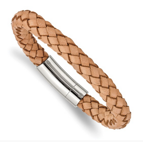 Chisel Stainless Steel Polished Light Tan Braided Leather Bracelet (SRB978)