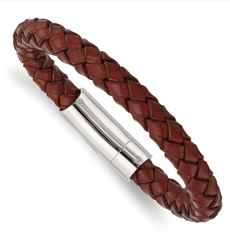 Chisel Stainless Steel Polished Brown Braided Leather Bracelet (SRB979)