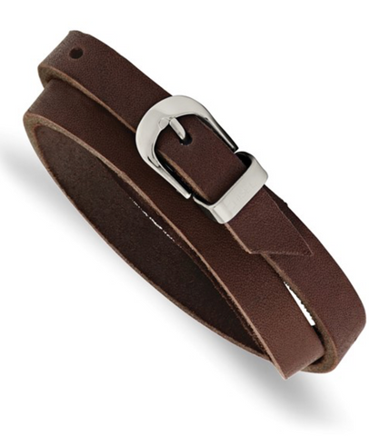 Chisel Stainless Steel Polished Brown Leather Adjustable Wrap Bracelet (SRB987)