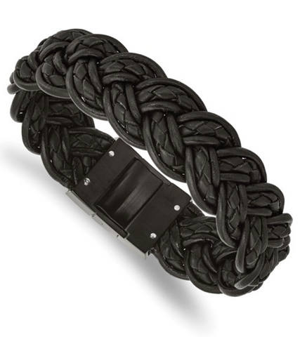 Chisel Stainless Steel Polished Black IP-plated Black Leather 8in Bracelet (SRB993)