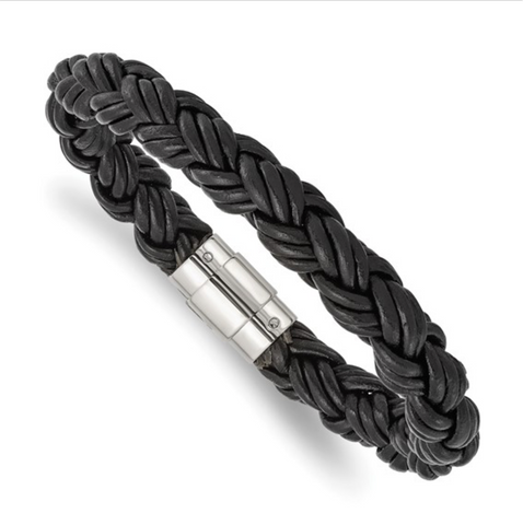 Chisel Stainless Steel Polished Twisted Black Braided Leather Bracelet (SRB999)