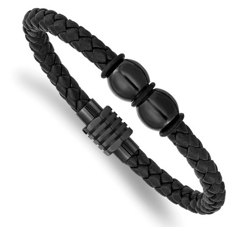 Chisel Stainless Steel Polished Black IP-plated Braided Black Leather and Rubber Bracelet (SRB2999)