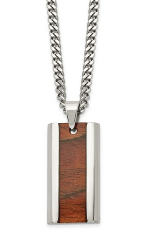 Chisel Stainless Steel Polished Koa Wood Inlay Enameled Pendant on a Curb Chain Necklace (SRN1628)