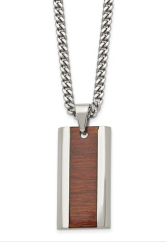 Chisel Stainless Steel Polished Red/Orange Koa Wood Inlay Enameled Pendant on a Curb Chain Necklace (SRN1629)
