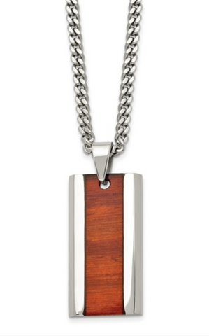 Chisel Stainless Steel Polished Red Koa Wood Inlay Enameled Pendant on a Curb Chain Necklace (SRN1630)