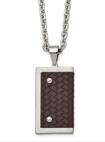 Chisel Stainless Steel Brushed and Polished Reversible with Brown Leather Necklace (SRN1993)