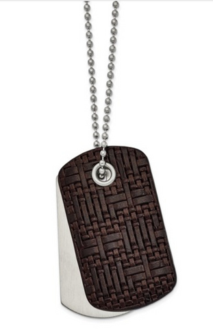 Chisel Stainless Steel Brushed Brown Woven Leather 2 Piece Dog Tags on a Ball Chain Necklace (SRN2678)