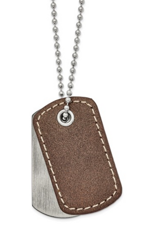 Chisel Stainless Steel Antiqued and Brushed w/ Brown Leather 2 Piece Dog Tags on a Ball Chain Necklace (SRN2679)