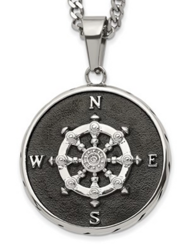 Chisel Stainless Steel Polished Black IP-plated Compass Pendant on a Curb Chain Necklace (SRN2968)