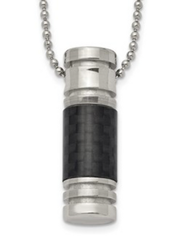 Chisel Stainless Steel Polished with Black Carbon Fiber Inlay Cylinder on a Ball Chain Necklace(SRN189)