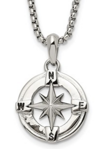 Chisel Stainless Steel Polished Compass Pendant on a Box Chain Necklace (SRN3075)