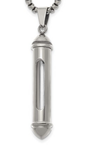 Chisel Stainless Steel Polished Bullet with Clear Vial Pendant on a 22 inch Box Chain Necklace (SRN3238)