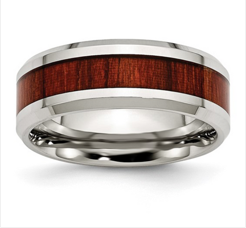 Chisel Stainless Steel Polished with Red Koa Wood Inlay Enameled 8mm Band (SR402)