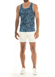 St33le Stretch Mesh Tank Top With Back Stripes - Navy/Turquoise Scribble (11058)