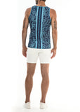 St33le Stretch Mesh Tank Top With Back Stripes - Navy/Turquoise Scribble (11058)