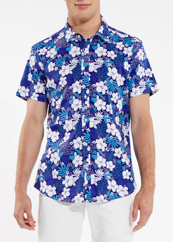 St33le Printed Cotton Knit Jersey Short Sleeve Shirt - Navy/Ocean Hibiscus (9215)