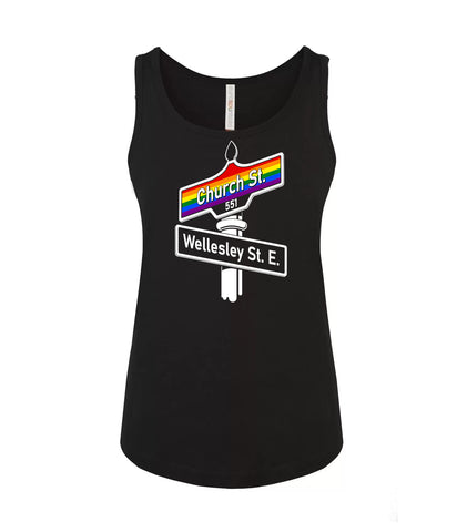 VRS Feminine Fit Rainbow Church/Wellesley Street Sign Tank Top