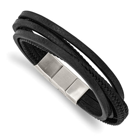 Chisel Stainless Steel Polished Multi Strand Black PU Leather 8 inch Bracelet with .5 inch Extension (SRB2724)